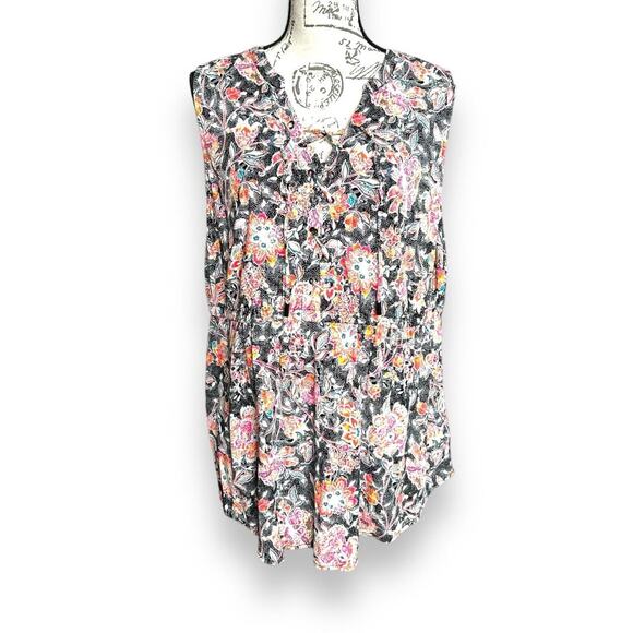 Torrid Black Neon Floral Stretch Challice Lace Up Tunic Top with Pockets Size 1 - Picture 1 of 7